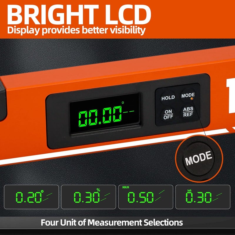 VNW 16inch Digital Level with LCD Display - Bubble Light Up Function - Multi Purpose:Magnetic Torpedo Level, Angle Finder 0-90° & 0-180° Range -Leveler Tool for Woodwork,Saw & Home Leveling (Champagne) - Image 4